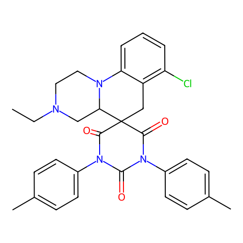 7'-chloro-3'-ethyl-1,3-bis(4-methylphenyl)spiro[1,3-diazinane-5,5'-2,4,4a,6-tetrahydro-1H-pyrazino[1,2-a]quinoline]-2,4,6-trione structure