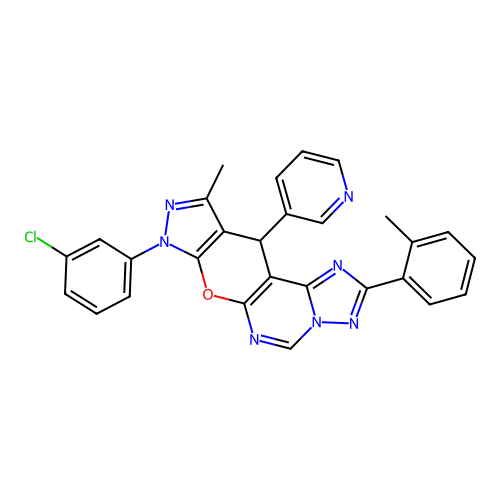 8-(3-chlorophenyl)-10-methyl-11-(pyridin-3-yl)-2-(o-tolyl)-8,11-dihydropyrazolo[4',3':5,6]pyrano[3,2-e][1,2,4]triazolo[1,5-c]pyrimidine structure