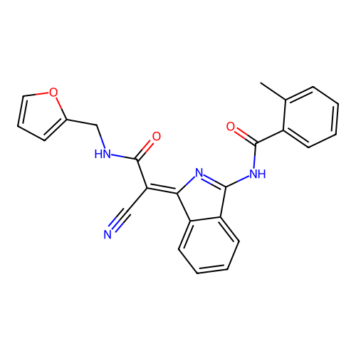 (Z)-N-(1-(1-cyano-2-((furan-2-ylmethyl)amino)-2-oxoethylidene)-1H-isoindol-3-yl)-2-methylbenzamide structure