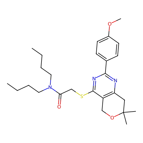 N,N-dibutyl-2-((2-(4-methoxyphenyl)-7,7-dimethyl-7,8-dihydro-5H-pyrano[4,3-d]pyrimidin-4-yl)thio)acetamide structure