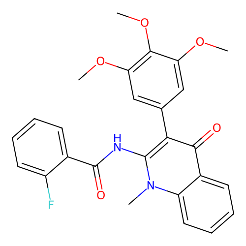 2-fluoro-N-[1-methyl-4-oxo-3-(3,4,5-trimethoxyphenyl)quinolin-2-yl]benzamide structure