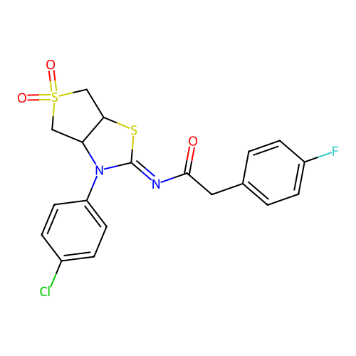 N-[(2E)-3-(4-chlorophenyl)-5,5-dioxidotetrahydrothieno[3,4-d][1,3]thiazol-2(3H)-ylidene]-2-(4-fluorophenyl)acetamide structure