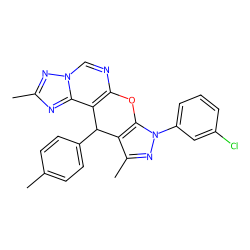 8-(3-chlorophenyl)-2,10-dimethyl-11-(4-methylphenyl)-8,11-dihydropyrazolo[4',3':5,6]pyrano[3,2-e][1,2,4]triazolo[1,5-c]pyrimidine structure