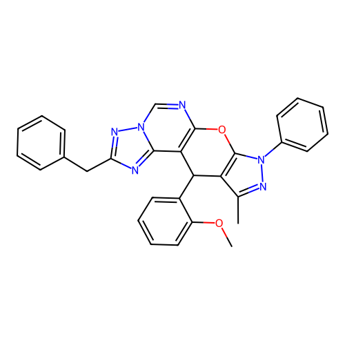 2-benzyl-11-(2-methoxyphenyl)-10-methyl-8-phenyl-8,11-dihydropyrazolo[4',3':5,6]pyrano[3,2-e][1,2,4]triazolo[1,5-c]pyrimidine structure