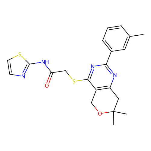 2-((7,7-dimethyl-2-(m-tolyl)-7,8-dihydro-5H-pyrano[4,3-d]pyrimidin-4-yl)thio)-N-(thiazol-2-yl)acetamide structure