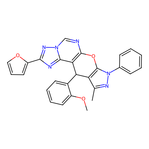 2-(furan-2-yl)-11-(2-methoxyphenyl)-10-methyl-8-phenyl-8,11-dihydropyrazolo[4',3':5,6]pyrano[3,2-e][1,2,4]triazolo[1,5-c]pyrimidine structure