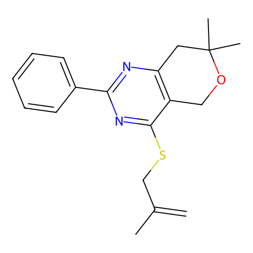 7,7-dimethyl-4-((2-methylallyl)thio)-2-phenyl-7,8-dihydro-5H-pyrano[4,3-d]pyrimidine structure