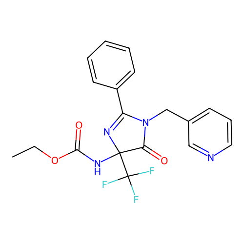 Ethyl N-[5-oxo-2-phenyl-1-(pyridin-3-ylmethyl)-4-(trifluoromethyl)imidazol-4-yl]carbamate structure
