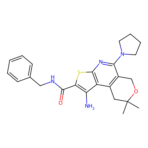 1-amino-N-benzyl-8,8-dimethyl-5-(pyrrolidin-1-yl)-8,9-dihydro-6H-pyrano[4,3-d]thieno[2,3-b]pyridine-2-carboxamide structure