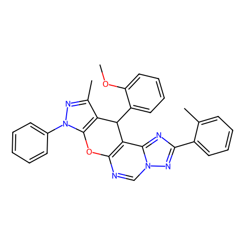 11-(2-methoxyphenyl)-10-methyl-2-(2-methylphenyl)-8-phenyl-8,11-dihydropyrazolo[4',3':5,6]pyrano[3,2-e][1,2,4]triazolo[1,5-c]pyrimidine structure