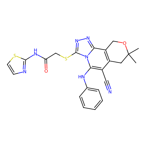 2-((6-cyano-8,8-dimethyl-5-(phenylamino)-8,10-dihydro-7H-pyrano[3,4-c][1,2,4]triazolo[4,3-a]pyridin-3-yl)thio)-N-(thiazol-2-yl)acetamide structure