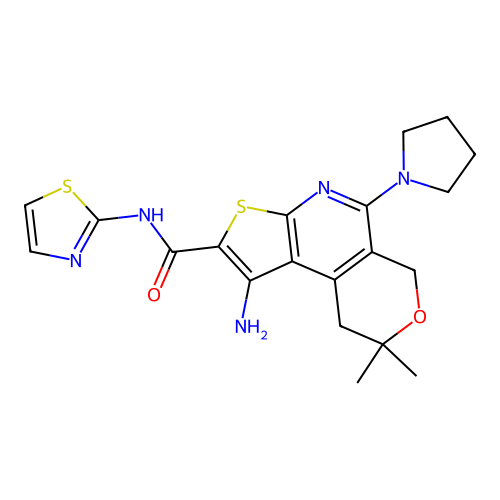 1-amino-8,8-dimethyl-5-(pyrrolidin-1-yl)-N-(1,3-thiazol-2-yl)-8,9-dihydro-6H-pyrano[4,3-d]thieno[2,3-b]pyridine-2-carboxamide structure