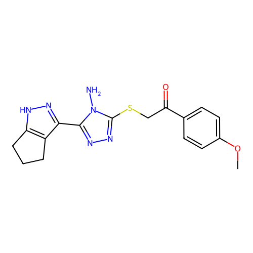 2-((4-amino-5-(1,4,5,6-tetrahydrocyclopenta[c]pyrazol-3-yl)-4H-1,2,4-triazol-3-yl)thio)-1-(4-methoxyphenyl)ethanone structure