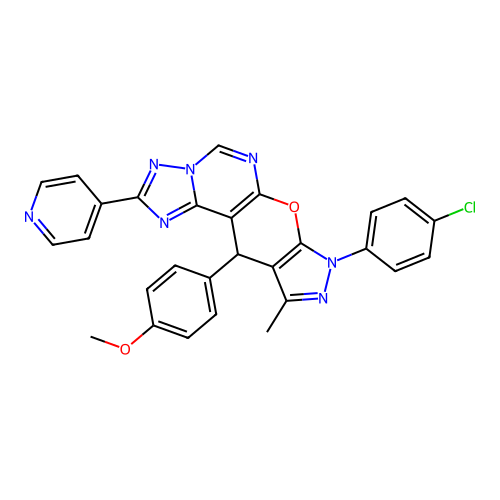 8-(4-chlorophenyl)-11-(4-methoxyphenyl)-10-methyl-2-(pyridin-4-yl)-8,11-dihydropyrazolo[4',3':5,6]pyrano[3,2-e][1,2,4]triazolo[1,5-c]pyrimidine structure