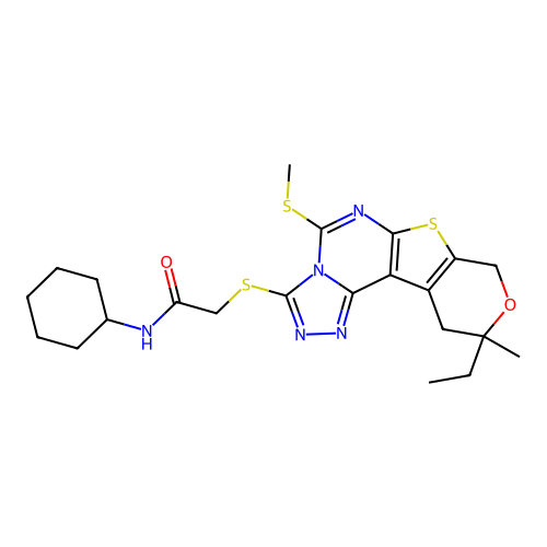 N-cyclohexyl-2-((10-ethyl-10-methyl-5-(methylthio)-10,11-dihydro-8H-pyrano[4',3':4,5]thieno[3,2-e][1,2,4]triazolo[4,3-c]pyrimidin-3-yl)thio)acetamide structure