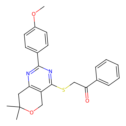 2-((2-(4-methoxyphenyl)-7,7-dimethyl-7,8-dihydro-5H-pyrano[4,3-d]pyrimidin-4-yl)thio)-1-phenylethanone structure