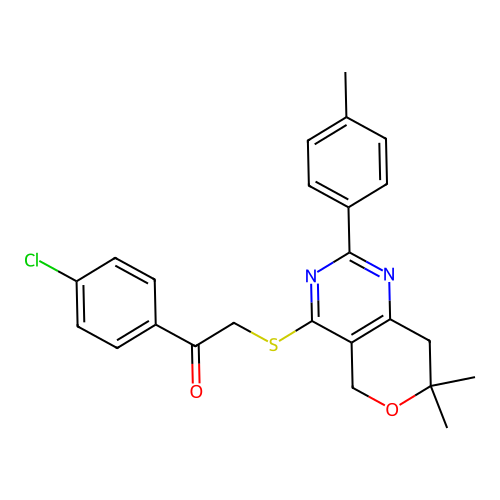 1-(4-chlorophenyl)-2-((7,7-dimethyl-2-(p-tolyl)-7,8-dihydro-5H-pyrano[4,3-d]pyrimidin-4-yl)thio)ethanone structure