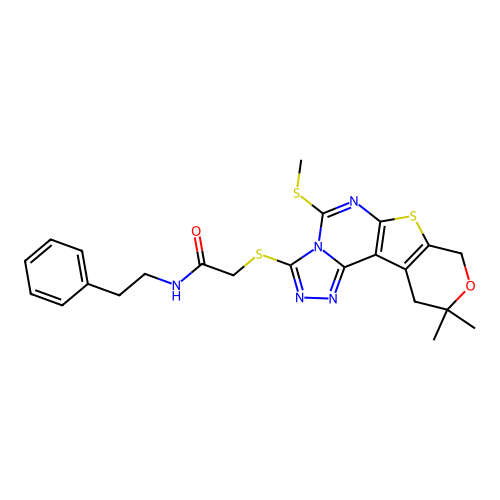 2-((10,10-dimethyl-5-(methylthio)-10,11-dihydro-8H-pyrano[4',3':4,5]thieno[3,2-e][1,2,4]triazolo[4,3-c]pyrimidin-3-yl)thio)-N-phenethylacetamide structure
