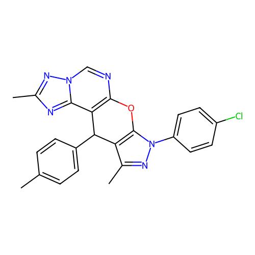 8-(4-chlorophenyl)-2,10-dimethyl-11-(4-methylphenyl)-8,11-dihydropyrazolo[4',3':5,6]pyrano[3,2-e][1,2,4]triazolo[1,5-c]pyrimidine structure