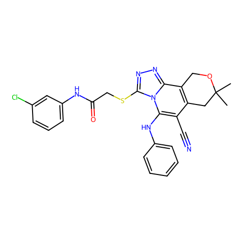 N-(3-chlorophenyl)-2-((6-cyano-8,8-dimethyl-5-(phenylamino)-8,10-dihydro-7H-pyrano[3,4-c][1,2,4]triazolo[4,3-a]pyridin-3-yl)thio)acetamide structure