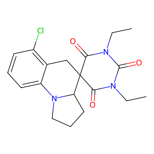 6'-chloro-1,3-diethyl-1',2',3',3a'-tetrahydro-2H,5'H-spiro[pyrimidine-5,4'-pyrrolo[1,2-a]quinoline]-2,4,6(1H,3H)-trione structure