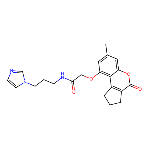 N-(3-(1H-imidazol-1-yl)propyl)-2-((7-methyl-4-oxo-1,2,3,4-tetrahydrocyclopenta[c]chromen-9-yl)oxy)acetamide structure