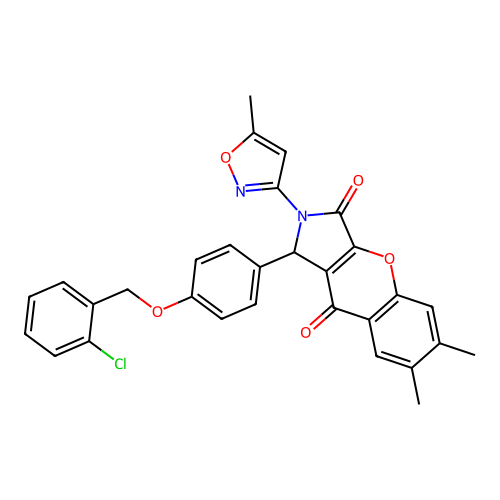 1-(4-((2-chlorobenzyl)oxy)phenyl)-6,7-dimethyl-2-(5-methylisoxazol-3-yl)-1,2-dihydrochromeno[2,3-c]pyrrole-3,9-dione structure