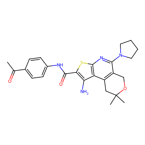 N-(4-acetylphenyl)-1-amino-8,8-dimethyl-5-(pyrrolidin-1-yl)-8,9-dihydro-6H-pyrano[4,3-d]thieno[2,3-b]pyridine-2-carboxamide structure