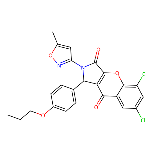 5,7-dichloro-2-(5-methyl-1,2-oxazol-3-yl)-1-(4-propoxyphenyl)-1,2-dihydrochromeno[2,3-c]pyrrole-3,9-dione structure