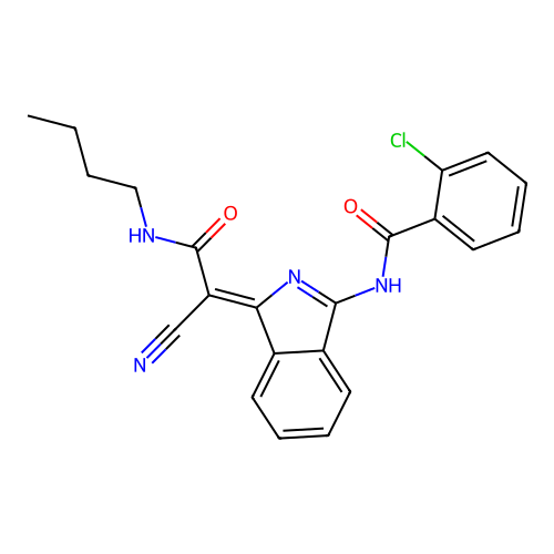 (Z)-N-(1-(2-(butylamino)-1-cyano-2-oxoethylidene)-1H-isoindol-3-yl)-2-chlorobenzamide structure