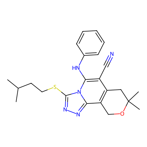 3-(isopentylthio)-8,8-dimethyl-5-(phenylamino)-8,10-dihydro-7H-pyrano[3,4-c][1,2,4]triazolo[4,3-a]pyridine-6-carbonitrile structure