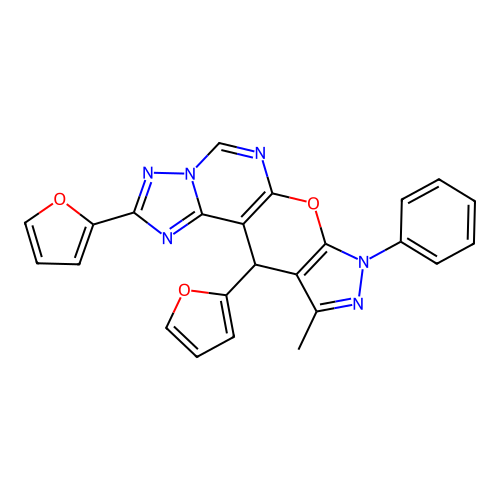 2,11-di(furan-2-yl)-10-methyl-8-phenyl-8,11-dihydropyrazolo[4',3':5,6]pyrano[3,2-e][1,2,4]triazolo[1,5-c]pyrimidine structure