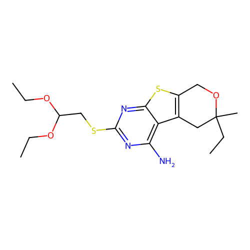 2-((2,2-diethoxyethyl)thio)-6-ethyl-6-methyl-6,8-dihydro-5H-pyrano[4',3':4,5]thieno[2,3-d]pyrimidin-4-amine structure
