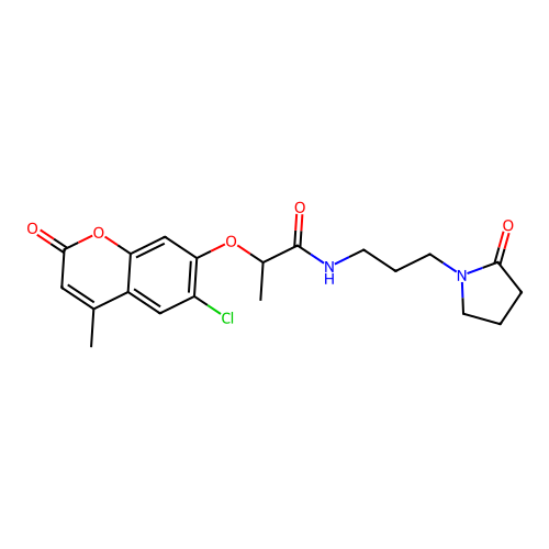2-(6-chloro-4-methyl-2-oxochromen-7-yl)oxy-N-[3-(2-oxopyrrolidin-1-yl)propyl]propanamide structure
