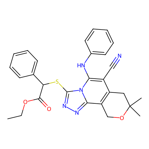 ethyl {[6-cyano-8,8-dimethyl-5-(phenylamino)-7,10-dihydro-8H-pyrano[3,4-c][1,2,4]triazolo[4,3-a]pyridin-3-yl]sulfanyl}(phenyl)acetate structure
