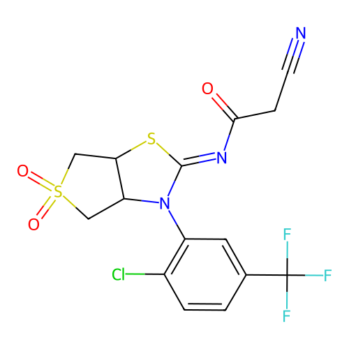 (Z)-N-(3-(2-chloro-5-(trifluoromethyl)phenyl)-5,5-dioxidotetrahydrothieno[3,4-d]thiazol-2(3H)-ylidene)-2-cyanoacetamide structure