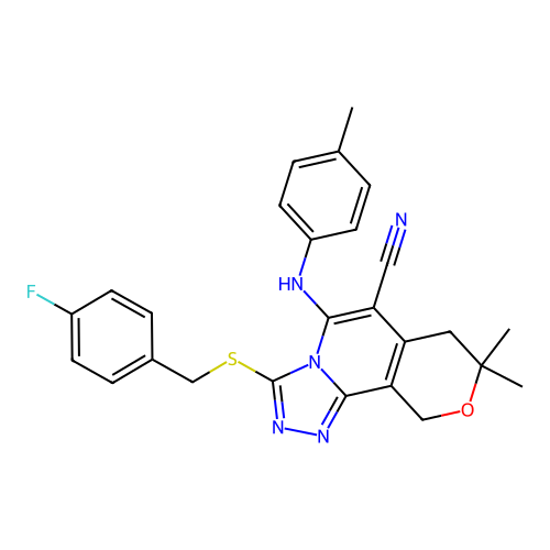 3-((4-fluorobenzyl)thio)-8,8-dimethyl-5-(p-tolylamino)-8,10-dihydro-7H-pyrano[3,4-c][1,2,4]triazolo[4,3-a]pyridine-6-carbonitrile structure
