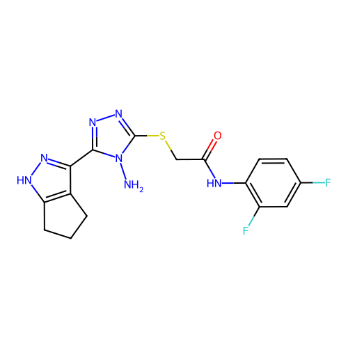 2-((4-amino-5-(1,4,5,6-tetrahydrocyclopenta[c]pyrazol-3-yl)-4H-1,2,4-triazol-3-yl)thio)-N-(2,4-difluorophenyl)acetamide structure