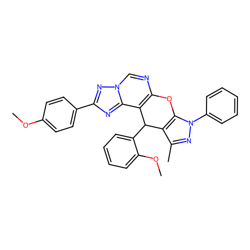 11-(2-methoxyphenyl)-2-(4-methoxyphenyl)-10-methyl-8-phenyl-8,11-dihydropyrazolo[4',3':5,6]pyrano[3,2-e][1,2,4]triazolo[1,5-c]pyrimidine structure