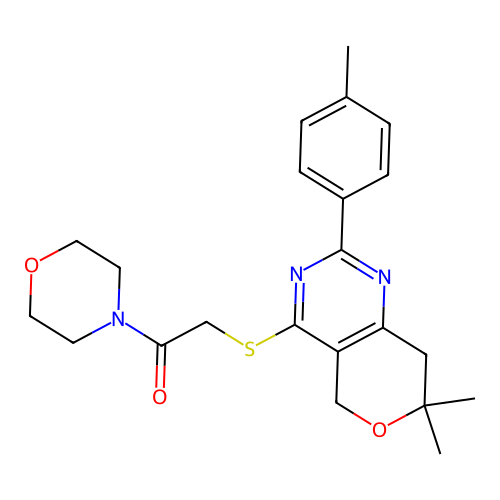 2-[[7,7-dimethyl-2-(4-methylphenyl)-5,8-dihydropyrano[4,3-d]pyrimidin-4-yl]sulfanyl]-1-morpholin-4-ylethanone structure