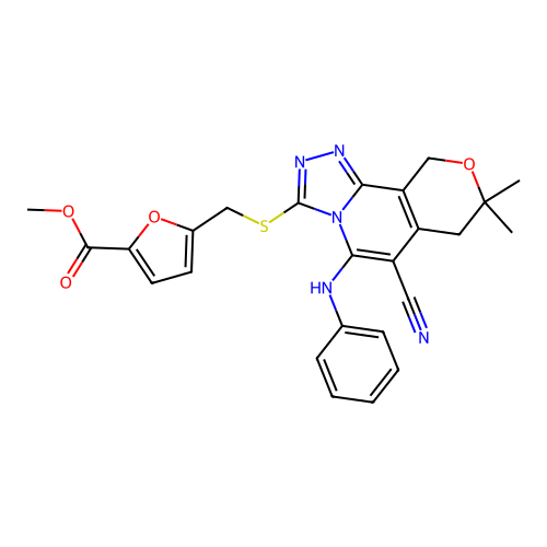 methyl 5-(((6-cyano-8,8-dimethyl-5-(phenylamino)-8,10-dihydro-7H-pyrano[3,4-c][1,2,4]triazolo[4,3-a]pyridin-3-yl)thio)methyl)furan-2-carboxylate structure