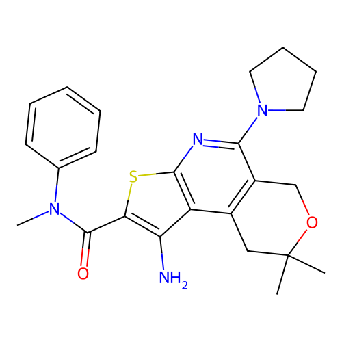 1-amino-N,8,8-trimethyl-N-phenyl-5-(pyrrolidin-1-yl)-8,9-dihydro-6H-pyrano[4,3-d]thieno[2,3-b]pyridine-2-carboxamide structure
