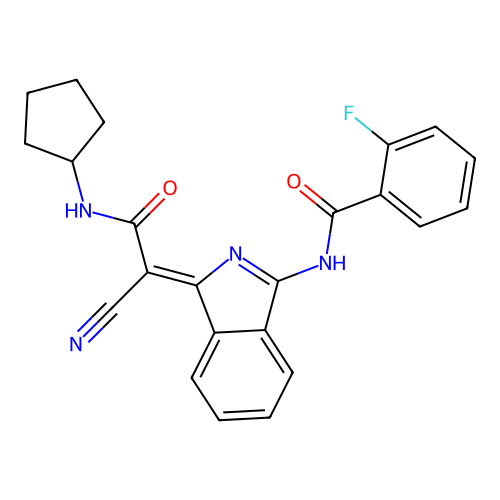 N-[(3Z)-3-[1-cyano-2-(cyclopentylamino)-2-oxoethylidene]isoindol-1-yl]-2-fluorobenzamide structure