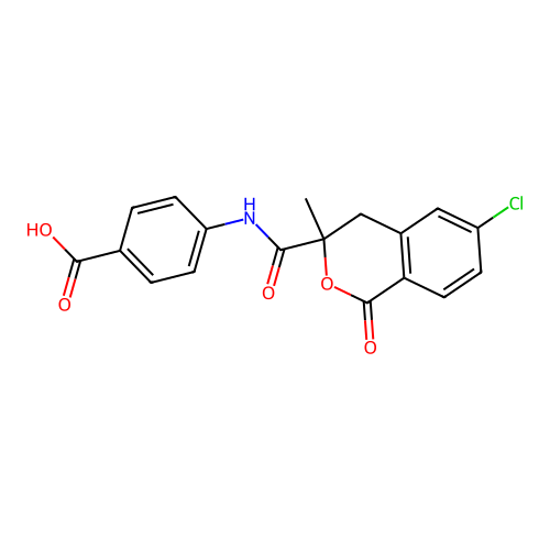 4-(6-chloro-3-methyl-1-oxoisochroman-3-carboxamido)benzoic acid structure