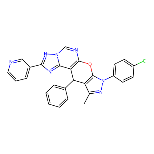 8-(4-chlorophenyl)-10-methyl-11-phenyl-2-(pyridin-3-yl)-8,11-dihydropyrazolo[4',3':5,6]pyrano[3,2-e][1,2,4]triazolo[1,5-c]pyrimidine structure