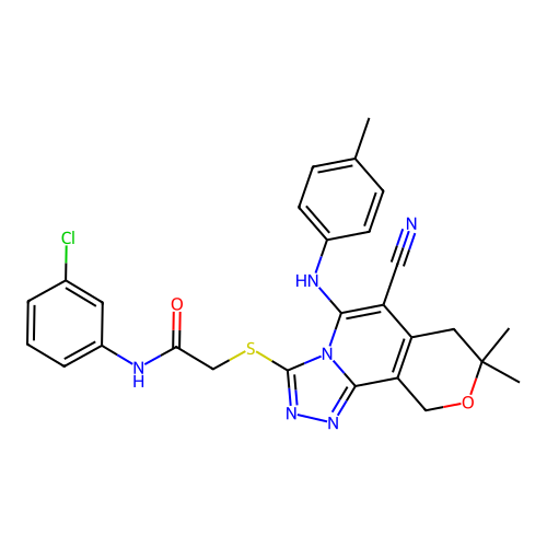 N-(3-chlorophenyl)-2-((6-cyano-8,8-dimethyl-5-(p-tolylamino)-8,10-dihydro-7H-pyrano[3,4-c][1,2,4]triazolo[4,3-a]pyridin-3-yl)thio)acetamide structure