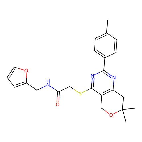 2-((7,7-dimethyl-2-(p-tolyl)-7,8-dihydro-5H-pyrano[4,3-d]pyrimidin-4-yl)thio)-N-(furan-2-ylmethyl)acetamide structure