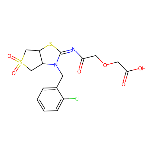 (2-{[(2Z)-3-(2-chlorobenzyl)-5,5-dioxidotetrahydrothieno[3,4-d][1,3]thiazol-2(3H)-ylidene]amino}-2-oxoethoxy)acetic acid structure