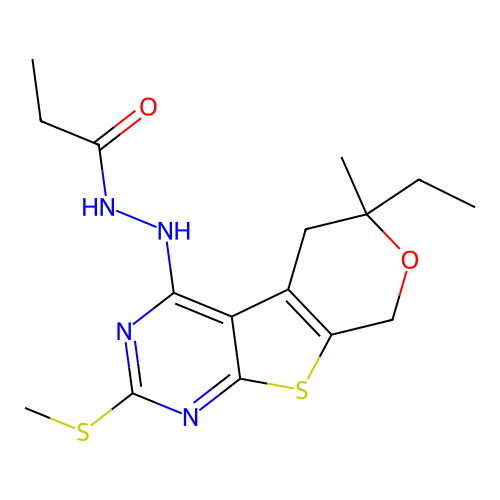 N'-(6-ethyl-6-methyl-2-(methylthio)-6,8-dihydro-5H-pyrano[4',3':4,5]thieno[2,3-d]pyrimidin-4-yl)propionohydrazide structure