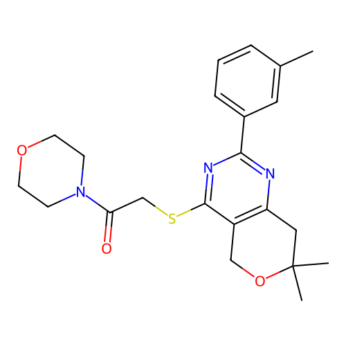 2-((7,7-dimethyl-2-(m-tolyl)-7,8-dihydro-5H-pyrano[4,3-d]pyrimidin-4-yl)thio)-1-morpholinoethanone structure